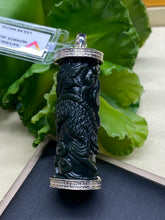 Load image into Gallery viewer, Nephrite Jade Pendant Necklace, hand carved Dragon, Platinum Plated Silver
