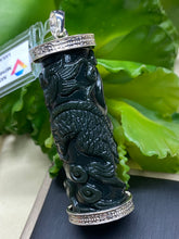Load image into Gallery viewer, Nephrite Jade Pendant Necklace, hand carved Dragon, Platinum Plated Silver