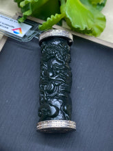 Load image into Gallery viewer, Nephrite Jade Pendant Necklace, hand carved Dragon, Platinum Plated Silver