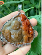 Load image into Gallery viewer, Jadeite Jade A gemstone hand carved Laughing Buddha Necklace Pendant, Jade Pendant, Platinum plated silver