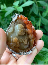 Load image into Gallery viewer, Jadeite Jade A gemstone hand carved Laughing Buddha Necklace Pendant, Jade Pendant, Platinum plated silver