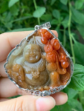 Load image into Gallery viewer, Jadeite Jade A gemstone hand carved Laughing Buddha Necklace Pendant, Jade Pendant, Platinum plated silver